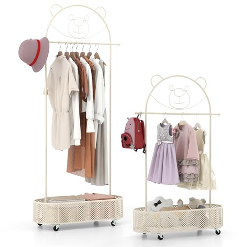 COSTWAY Appendiabiti per Bambini con 3 Altezze Regolabili, Supporto per Abiti con Ruote, con Asta e Cesto Portaoggetti in Ferro, per Stanza dei Bambini Soggiorno, 81x34x182 cm (Bianco)