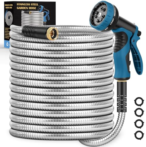 Garden Hose 50FT, Water Hose with 10 Function Nozzle, Garden Hose Metal with Leak-proof Connectors, Kink-Free & Ultra Flexible, Rust/Pet/Puncture Proof for Lawn, Yard, RV, Car Wash, 550PSI