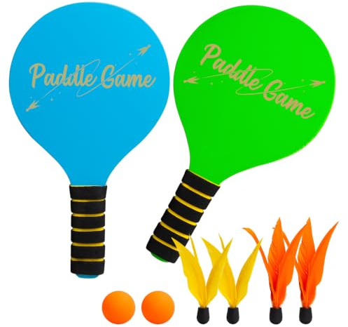 INPODAK Beach Ball Spiel Set,Strandball Schlägerset für Kinder,2 Schläger, 4 Federbälle, 2 Bälle,Paddleball Spielset,Sommer Strand Pool Garten Spiel für Familie und Party