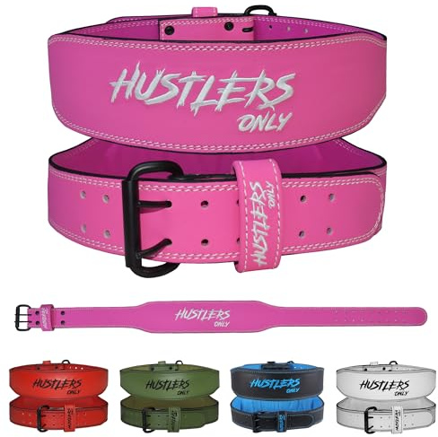 HUSTLERS ONLY tyngdlyftningsbälte för män och kvinnor – 7 mm tjockt gymbälte i läder 10 cm vadderat ryggstöd – viktbälte för lyftning, bodybuilding, dödlyft, squat-träning (rosa – XL)