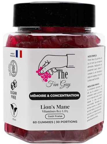 The Fun Guy Gummies – Lion’s Mane 2000mg pour Focus et Mémoire | Vitamines D3 & B12 | Optimisez Performance, Réduisez Stress & Surcharge Cognitive | Vegan, Sans Sucre,60 Gummies Saveur Fraise