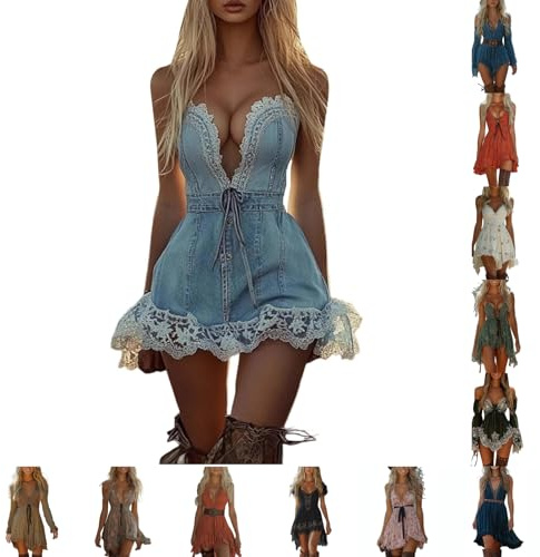 Women's Vintage Western Cowboy Denim Dress - Floral Lace Trim Off Shoulder Flare Dress Halloween Costume 70S Inspired Prairie Outfit Country Party Dresses Ladies Cowgirl Retro Cosplay Wear