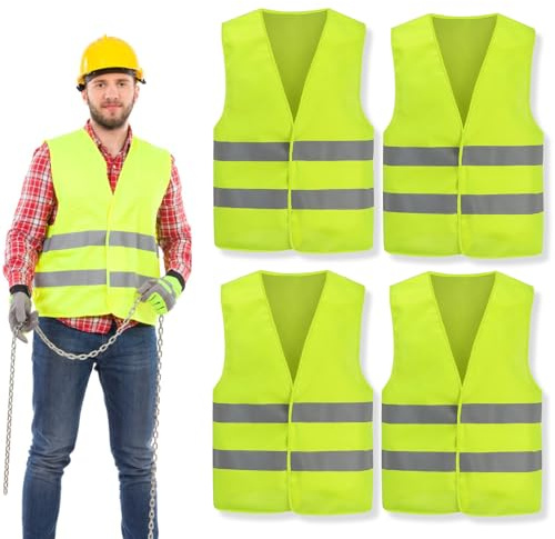 4 Pcs Hi Vis Vest, Fluorescent Yellow Reflective Safety Vest Jacket with 2 Strips, High Visibility Work Vest for Running, Cycling, Traffic Work, Construction, Security (Men & Women)