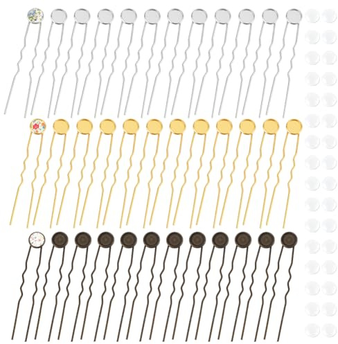 UNICRAFTALE 36 juegos de horquillas en forma de U de 3 colores, bandeja redonda de bisel en blanco, horquillas para el pelo con cabujones de cristal, bandeja de 12 mm, horquillas para el pelo de 78 mm