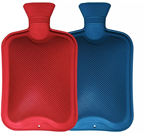 Pack of 2 Hot Water Bottles Natural Rubber Large Hot Water Bottle 2L Large Capacity | Ribbed Hot Water Bag for Pain Relief Secure & Leakproof (Assorted Colours)