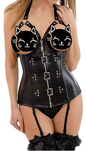EUDOLAH Corsetto Ecopelle da Donna con Lacci Regolabili Cerniera Body Steampunk Nero con Capestro Taglia Forte(Nero,XX-Large)