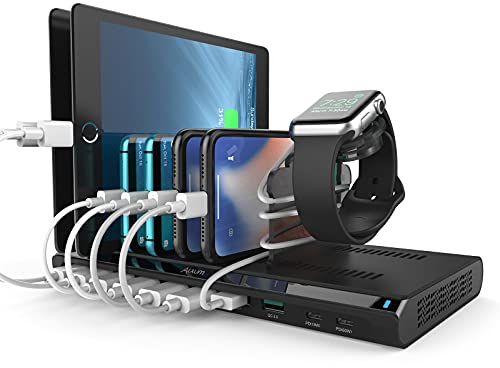 Alxum Estación Carga Rapida 10 Puertos 120W para múltiples Dispositivos, con 60W & 18W USB C PD para laptops, tabletas, teléfonos y más