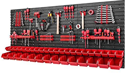 PAFEN Parete porta attrezzi, 1728 x 780 mm, sistema di conservazione, set di supporti per attrezzi e 36 pezzi, scaffale da parete per officina, scaffale per attrezzi, pannello forato, colore: rosso
