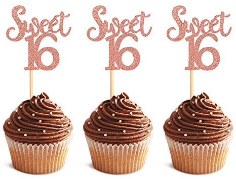 Blumomon Paquete de 24 dulces 16 adornos para magdalenas, oro rosa, con purpurina, dieciséis púas para tartas, decoración de cumpleaños 16