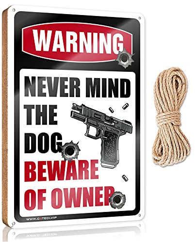 Abipuir Sign For Front Door Never Mind The Dog Beware of Owner - Placa de madera para colgar en la puerta principal, decoración de porche delantero (tamaño 20 x 30 cm)