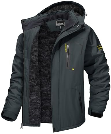TACVASEN Rain Jackets for Men Water Resistant Jacket Snowboarding Travel Walking Ski Snow Warm Coat Winter Raincoats Fleece Jacket Hooded Gray, L