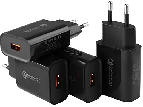 4 Stücke USB Ladegerät Stecker, 18W Quick Charge 3.0 Schnellladegerät Ladestecker USB Netzteil für Samsung S23 S22 S21 S20 S10 S7 S8 S9 / Edge/Plus/Active, A13 A53, Note 5/8/9/10, Schnellladung