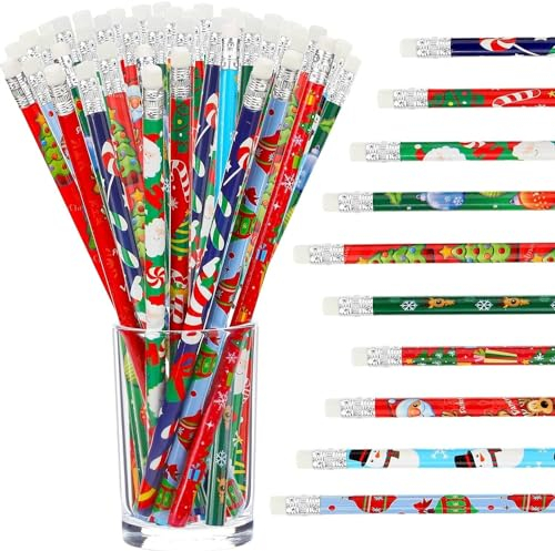 LATERN 100Pcs Christmas Pencils with Erasers, 10 Styles Cartoon Snowman Stocking Santa Claus Reindeer Christmas Tree Assort Wood Pencils for Kids Xmas Stocking Box Fillers Party Favors (19 x 0.7cm)
