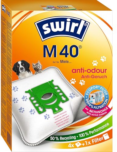 Swirl M 40 EcoPor Anti-Geruch Staubsaugerbeutel (4 Beutel), reißfeste Staubbeutel für einige Miele & Hoover Staubsauger, mit Geruchsfilter, 99,9% Filterung von Hausstaub & allergenem Feinstaub