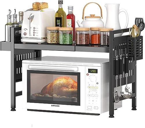 Shally Dogan Scaffalatura Estensibile Allungabile Porta Microonde in acciaio con Ripiano, Mensola Organizer con Portaspezie e Portaposate da Cucina, Mobiletto con Piedini Antiscivolo (Nero)