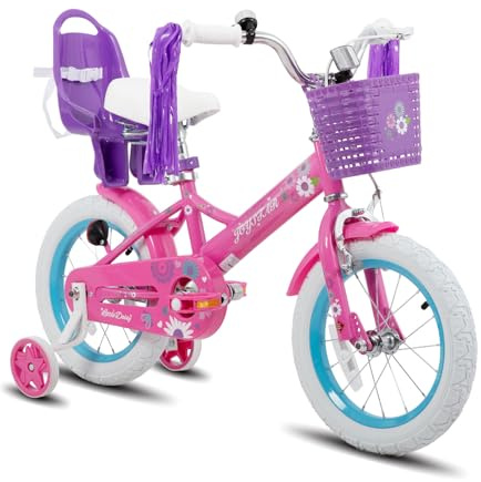 JOYSTAR 12 Inch Kids Bike Little Daisy Girls Bike with Training Wheels Doll Bike Seat Basket & Streamers Princess Kids Bicycle for Girls Toddler of 2-4 Years Toddler Girl Bikes Fuchsia