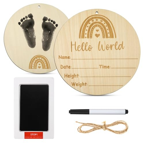 Tarjetas de Hitos Bebe, 15cm Doble Cara Madera Letrero de Recién Nacido de Hola Mundo con Almohadilla de Tinta Marcadores para Hospita Guardería Decoración Accesorios para Fotos Recuerdos