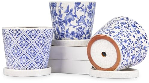 Oairse Set of 3 Blue and White Porcelain 14CM Ceramic Plant Pots Indoor Ceramic Planter with Drainage Holes and Saucers Tray Decorative Flower Pots Blue Garden Pot for Succulent Cactus House Plants