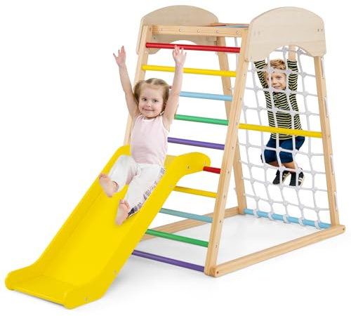 COSTWAY Triángulo de Escalada de Madera para Niños 4 en 1, Rampa Deslizante, Barras, Red para Escalar Y Escalera, Juego de Escalada Montessori para Niños Pequeños de 1+ Año (Multicolor)