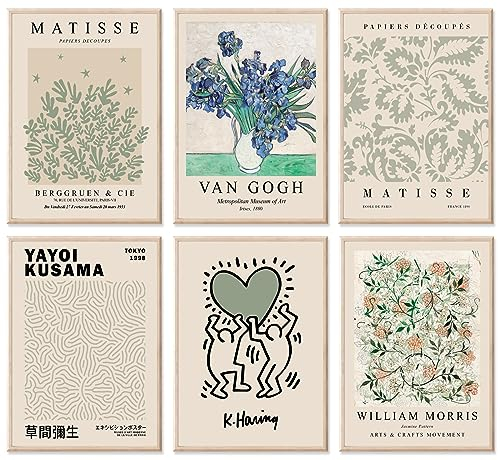 JINZUNRUI Matisse Poster Set, 6 Stück Wanddeko Wohnzimmer Schlafzimmer Wandbilder, Vintage Kunstdruck Van Gogh Yayoi Kusama Leinwand Bilder A4 Henri Matisse Aesthetic Poster, ohne Rahmen