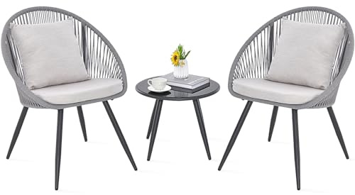 COSTWAY 3 Piece Rattan Furniture Set, String Patio Bistro Set with 2 Chairs and Glass Coffee Table, Outdoor Wicker Dining Set Conversation Table Chairs for Backyard, Porch & Garden