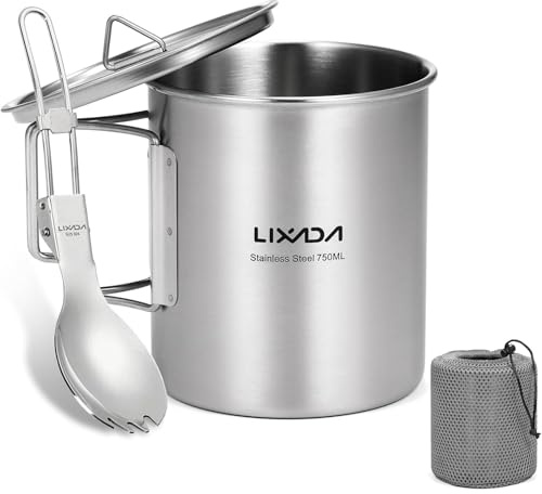 Lixada Camping Water Cup with Foldable Handles and Lid 750ml Stainless Steel Mug Hanging Pot for Camping Hiking Backpacking Picnic