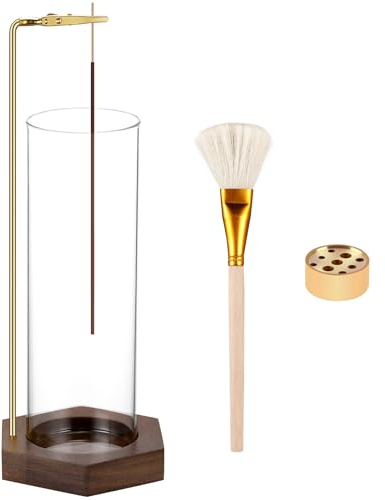ASMPCUE Holz Räucherstäbchenhalter, Räucherstäbchen mit Abnehmbarem Glas Aschefänger, Reinigungsbürste und Messing Räucherstäbchenhalter für Yoga, Meditation, Zimmer Deko(Hexagone+Kreise)