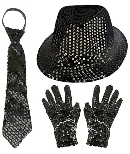 EUPSIIU 3 Pièces Chapeau de Danse Jazz Déguisement pour Enfants ou Adultes, Accessoire Disco Performance Gants Cravate Halloween Paillettes Chapeau Fournitures de Fête,Spectacles de Jazz.
