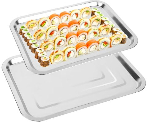 Trendecor Servierplatte 2 teiliges Set Edelstahl Servierteller Rechteckig Kellnertablett Serviertablett Groß für Buffets, Sushi, Kuchen, Vorspeisen zu Hause/im Restaurant, 32 x 22cm+36 x 27cm