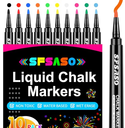SFSASO Liquid Chalk Markers for Acrylic Fridge Calendar Planning Board, Clear Glass Dry Erase Board, Whiteboard, Window, Mirror, Easy Wet Erase,1mm Fine Points (10 COLORS)