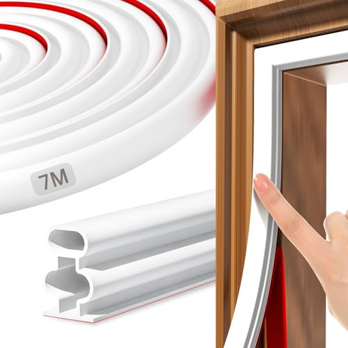 Draft Excluder Seal Strip Replacement 275 Inch/7 M Self-Adhesive Rubber Draught Excluder Weather Stripping for Door Frame Windows Soundproof Insulation Suit for 5 to 9mm Gap (White, 7M)