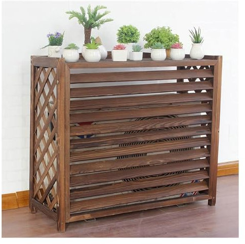 Outdoor Air Conditioning Cover with Privacy Screen Fence and Heat Protection Solid Wood Balcony Louver with Hidden Trash Can Compartment
