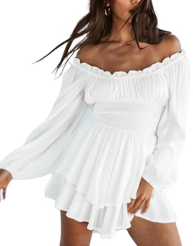 Women Puff Sleeve Square Neck Romper Dress Off Shoulder Ruffle Shorts Smocked Layered Flowy A Line Mini Beach Swing Dress Sundress (C-White, S)