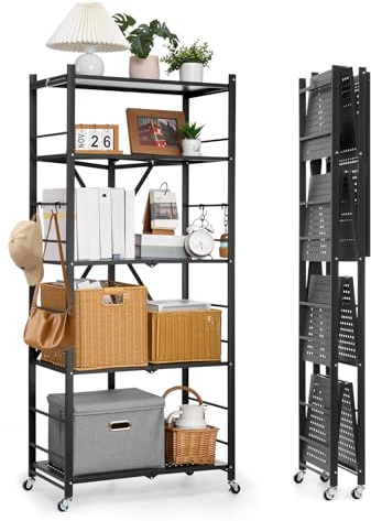 VEVOR 5 Etagen, Klappbare Regale mit Rädern, 38x71x163 cm, Faltbares Schwerlastregal, montagefreies Standregal, Haushaltsregal, Küchenregal, Metallregal für Garage, Küche, Keller, schwarz