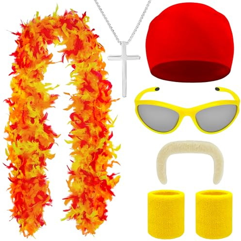 Ueyben Accessoires pour costume de lutteur, boa en plumes avec fausse barbe et moustache, bandana rouge, bracelets, lunettes de soleil pour femmes et hommes adultes, cosplay, fête