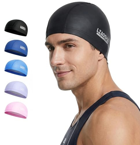 Badekappe aus Stoff für Erwachsene, Damen, Herren, Kinder, 8 14 16, Wasserabweisende Silikonschicht, Badekappe aus Stoff, Geschenke für Schwimmer, leicht für Pool, Bahnenschwimmen (Schwarz)