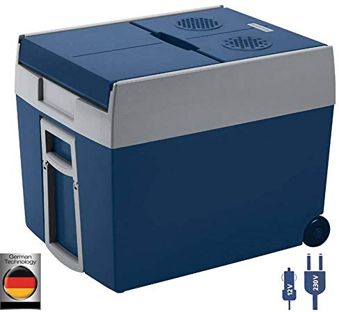 MOBICOOL W48 AC/DC - elektrische Kühlbox mit Rollen passend für eine komplette Getränkekiste / Bierkiste, 48 Liter, 12/230 V, Mini-Kühlschrank für Auto, Lkw und Steckdose, Dunkelblau