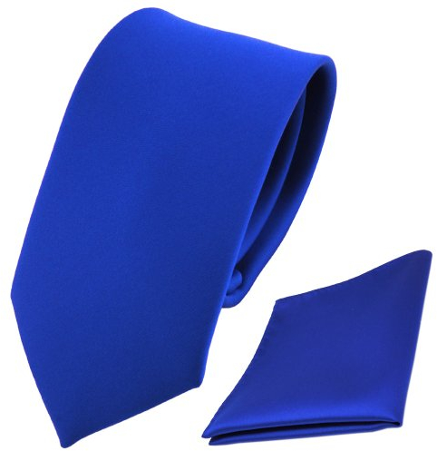 TigerTie - schmale Kinderkrawatte + Einstecktuch in Satin blau marine royal uni einfarbig