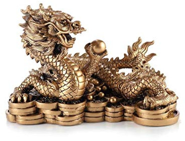 Lachineuse – Figura Grande Dragon Feng Shui – Estatuilla Dragón en Sapèques – 14 x 21 x 11,5 cm – Símbolo de Poder, Fuerza y longevidad – Decoración asiática China – Color Dorado