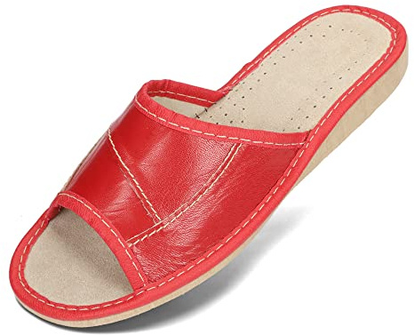 BeComfy Zapatillas de Cuero Genuino para Mujer - Lados de Goma de salente - 100% Cuero Elegante cómodo - Gris Azul Marino 36,37,38,39,40,41 (Rojo 3, Numeric_41)