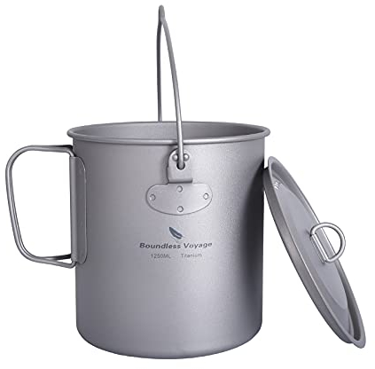 usharedo Outdoor 750 ml 800 ml 1100 ml 1300 ml Titan-Topf mit Deckel Klappbügel Griff Camping Wandern Picknick Ultraleicht Wasserflasche Becher Göffel Set (Ti15143B)