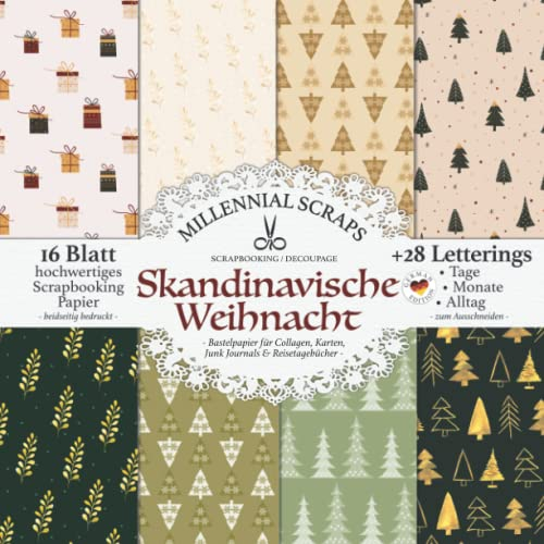 Scrapbooking / Decoupage SKANDINAVISCHE WEIHNACHT - Bastelpapier für Collagen, Karten, Junk Journals & Reisetagebücher -: Zum Ausschneiden I Mit Letterings I Kalender Basteln, Tagebuch Deko & Inspo