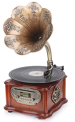 Nostalgic Gramophone,Record Player Retro,Au,for LP with Copper Horn,Turntable All in One Vintage Phonograph - -in USB FM Radio,Bluetooth audio