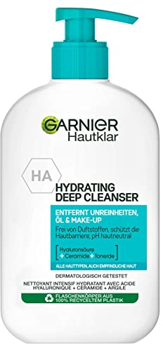 Garnier Limpiador facial transparente para eliminar impurezas, aceite y maquillaje, con ácido hialurónico, ceramida y arcilla, limpiador profundo hidratante, 1 x 250 ml