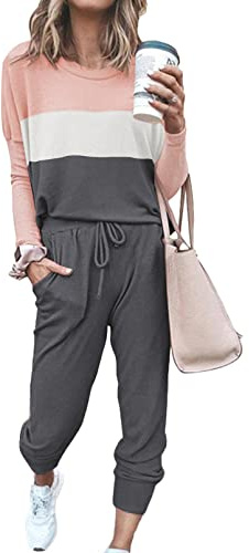 Fixmatti Women's Color Block 2 Piece Tracksuit Crewneck Long Sleeve Tops Sweatpants Jogger Sets Casual Birthday Outfits Pink 2XL
