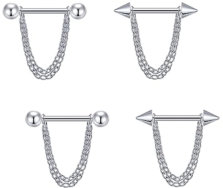 Longbeauty 14G Brustwarzenpiercing Nippelpiercing Edelstahl Nippel Barbells Piercing Schmuck, 2 Paare, Doppelketten, Silber