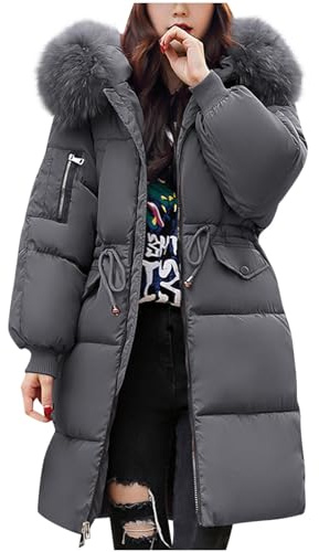 Women's Down Jacket Winter Mid-lenght Down Puffer Coats Ladies Lightweight Waterproof Jackets with Fur Hood Plus Size Slim Trench Coat Long Sleeve Warm Outwear Outdoor Hiking Jackets UK Size 10-18