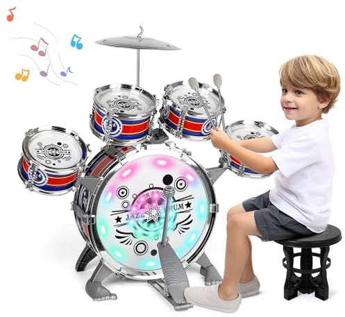 Kids Drum Set for Toddlers 1-3, 5 Pcs Kids Jazz Drum with Stool & Cymbal, Light Up Musical Instruments Drums Toys for Boys Girls Ages 2-5 3-5 4-6 5-7 Birthday Gifts