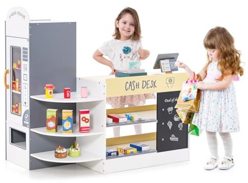 COSTWAY Köpbutik för barn, köp av trä med sidobänk, stormarknadsset med kassa, POS-maskin, försäljningsautomat och krittavla, shoppingbutik för barn från 3–8 år (vit), FY32205DE
