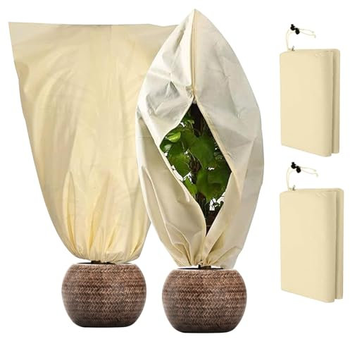 2 pezzi Protezione invernale per piante, 80x120 cm &120x180cm Beige Protezione invernale per piante in vaso, Traspirante, Riutilizzabile, con coulisse a zip, Adatta per piante in vaso e piccole piante